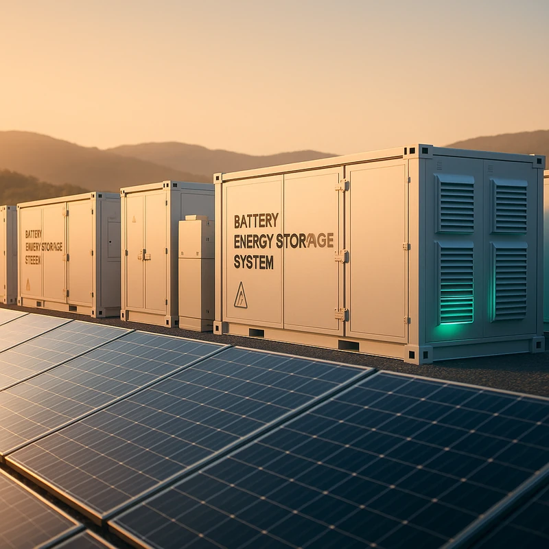 Contenedores de baterías cerca del campo solar